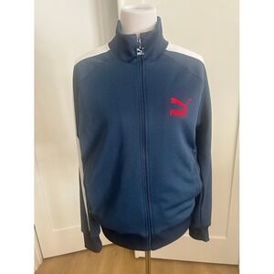 Puma Men Track Jacket Navy Blue Red Logo Full Zip Athletic Sportswear Size M